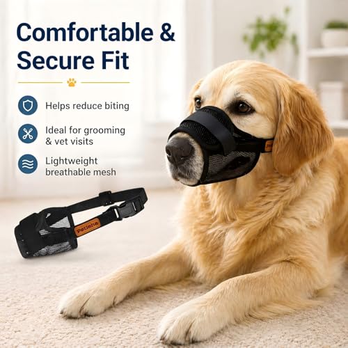 Image of Dog Muzzle, Breathable Mesh for Grooming & Nail Care, Black, L | Adjustable head and snout straps, quick-release buckle, soft padded edges