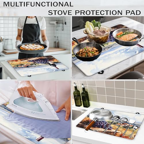 Image of Electric Stove Top Cover,Grape Wine Bottle Stove Cover for Glass Top Electric Stove,Rustic Country Heat Resistant Flat Top Stove Mat Countertop Protector, 28 x 20 Inch