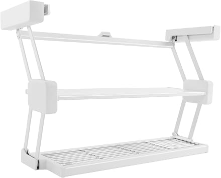 2 Tier Pull-Out Cabinet Organizer Drop Down Shelf Pull-Down Dish and Spice Rack System Inner Space Saving Plate for Kitchen Appliance Lift Upper Cabinet White