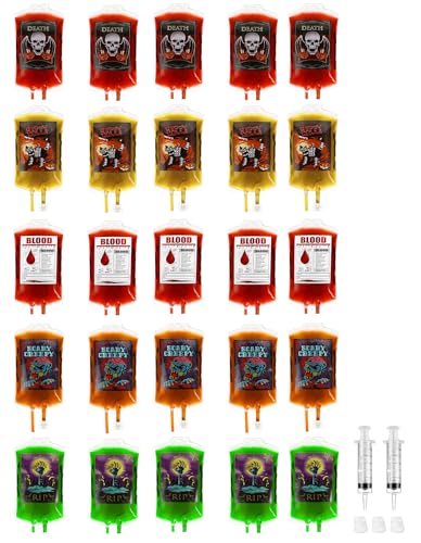 20Packs Halloween Blood Bag for Drinks: 5Design Reusable Drink Pouches Containers Shot and Clips Pouch Prop for Vampire Zombie Hospital Theme Party Supplies