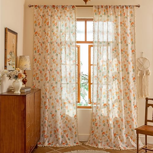 Image of MYSKY HOME Floral Boho Linen Curtains 96 inch Long 2 Panels Set Farmhouse Vintage French Orange Printed Semi Sheer Light Filtering Window Drapes with Tassels Back Tab for Living /Dining Room, 50 inch Wide