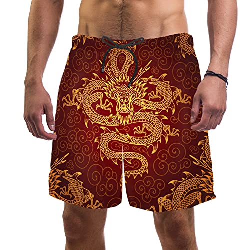 Short de bain dragon chinois rouge pour homme en taille L avec doublure maille