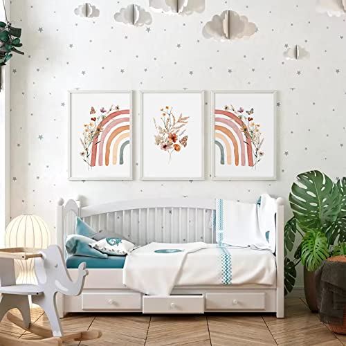 Boho Rainbow Wall Art Set Of 3 Baby Nursery Wall Art Prints Wildflowers Nursery Pictures Boho Nursery Canvas Wall Art Decor Baby Girl Room Wall Art Rainbow Teen Girl Wall Art 12X16 Inch Unframed #TOP3