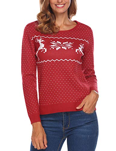 UNibelle Women's Long Sleeve Knit Tops Snowflake Reindeer Ugly Christmas Sweater Red XL