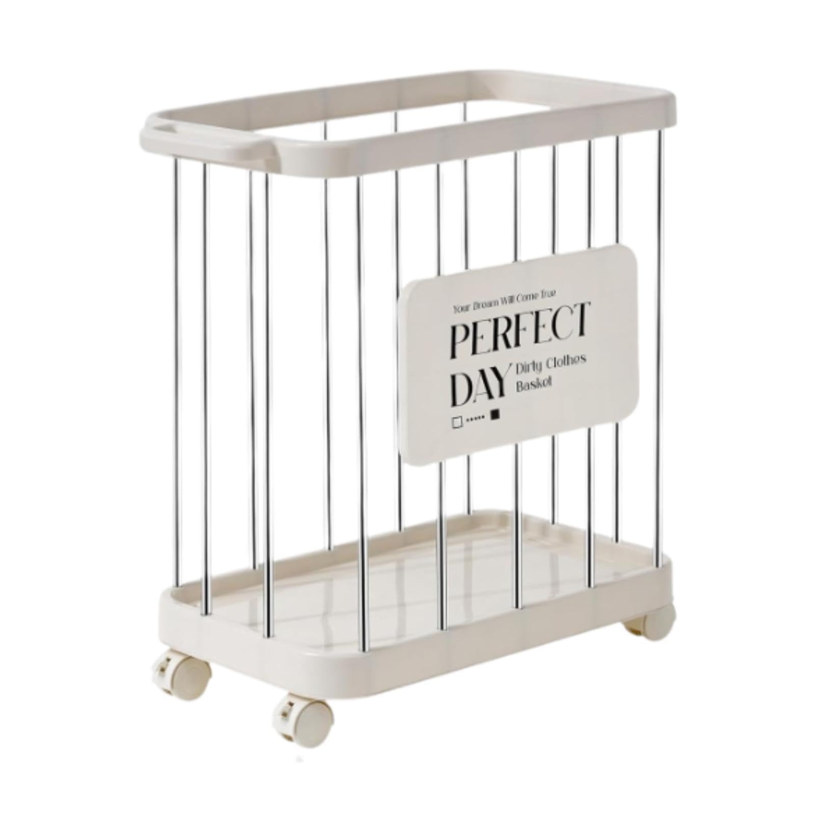 Laundry Basket with Wheels Storage Hamper Clothes Basket Rolling Cart Organizer for Family Home Closet Essential Room White(Silver White)