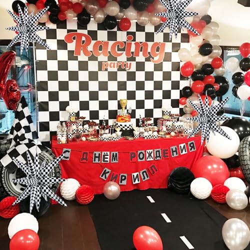 Image of TONIFUL 4 Pcs Checkered Explosion Star Balloons Race Car Themed Party Decor | 22 Inch Large Mylar Star Balloon for Fast Checkered Flag Party Decor Birthday Baby Shower Photo Booth Supplies for Boys Mens