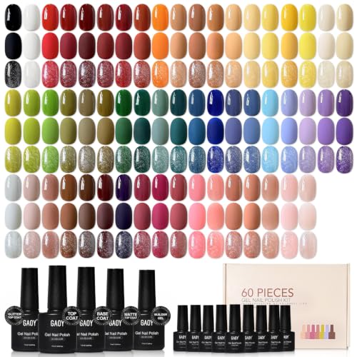 GAOY 60 Pcs Gel Nail Polish Set 55 Colors All Season Gel Polish Kit Red Nude Black White Pink with 5 Pcs Soak off Base Glossy Matte Glitter Top Coat & Builder for Nail Art DIY Manicure at Home