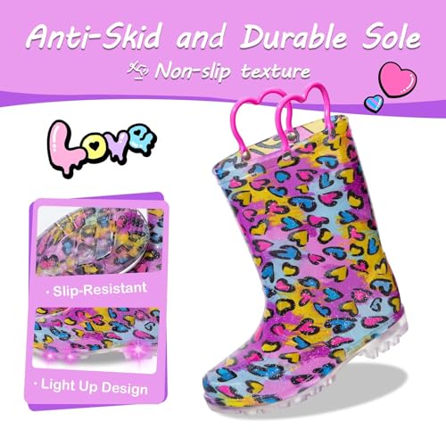 Kids Toddler Rain Boots for Girls Boys Light Up Waterproof Rain Shoes Patterns and Glitter Boot with Easy On Handles2
