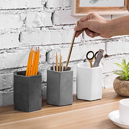 Image of MyGift Set of 3 Cement Decorative Hexagon Multi-Colored Desktop Pen Holder and Pencil Office Supply Stationary Storage Cups (White, Gray, Black)