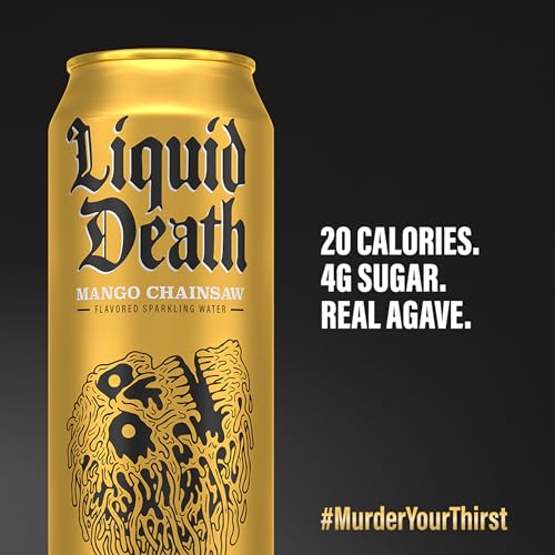 Image of Liquid Death, Mango Chainsaw, Mango-Flavored Sparkling Water, 8-Pack (19.2oz Cans), Low Calorie & No Artificial Sweeteners