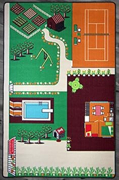 TAPITOM® | Alfombra infantil de jardín y tenis - 130 x 200 cm | Alfombra de jardín con pista de tenis | Alfombrilla para habitación infantil con decoración de tenis | antideslizante, dobladillo | Norm