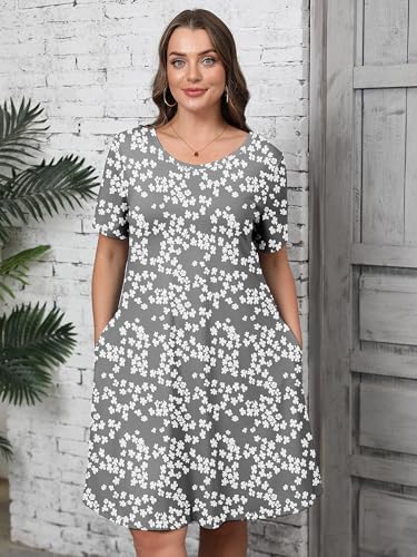 Image of AusLook Plus Size Midi Dress for Women Casual Summer Short Sleeve A Line Swing Dress with Pocket Round Neck Flowy Dress 1X-5X