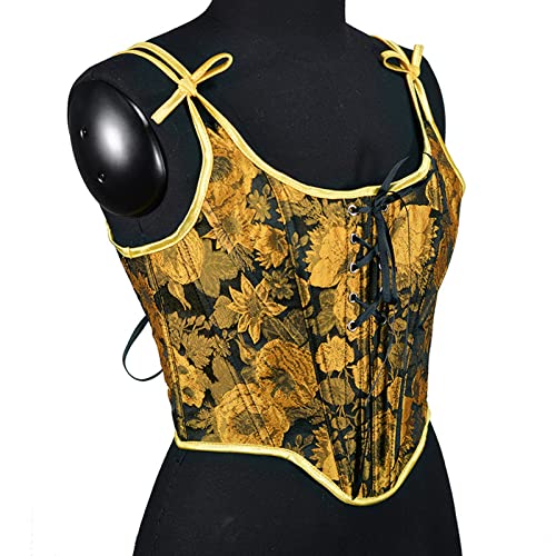 WPOUMV Women's Corset Steampunk Gothic Steel Boned Bustiers Vest Jacquard Lace Up Overbust Corsets Waist Training Bodice 15-yellow - Image 7