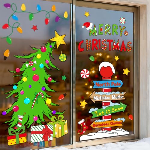 JarThenaAMCS Christmas Window Clings Decorations Extra Large Double-Sided Reusable Decals Rustic Curved Christmas Tree Arrow Yard Sign Stickers for Xmas Winter Home Office Party Glass Decor 6 Sheets