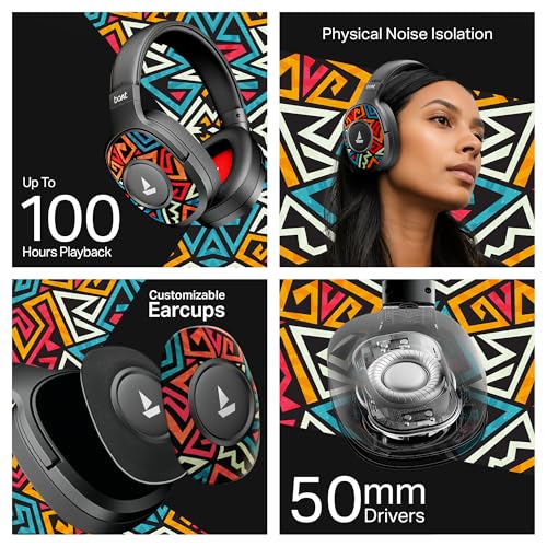 Image of Boat Rockerz Plus 550, Customizable Earcups, 100H Battery, 50mm Drivers, Dual Pair, Stream Ad Free Music via App Support, Bluetooth Headphones, Wireless Headphone with Mic (Black Psyche)