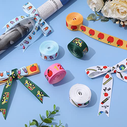 Image of Whaline 6 Rolls Back to School Grosgrain Ribbon 30 Yards School Teacher Themed Ribbon School Bus Pencil Apples ABC Pattern Fabric Decorative Craft Ribbon for Gift Wrapping Hair Sewing Wreath