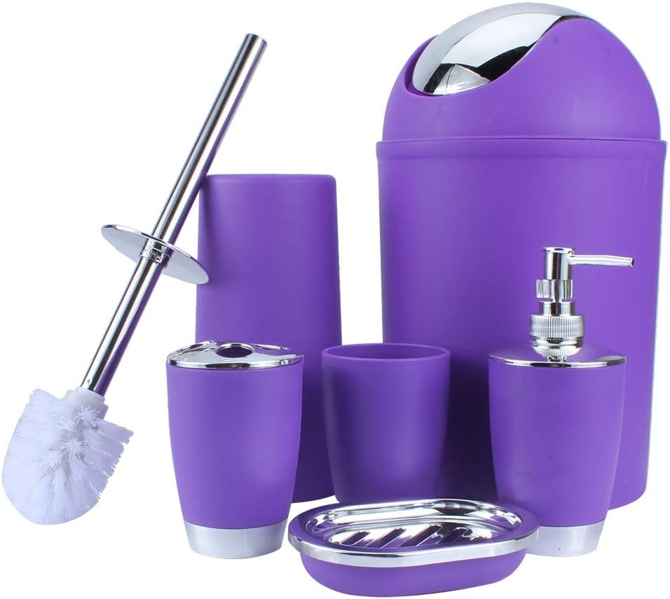 6Pcs Purple Bathroom Essentials Set Shower Storage Accessories Includes Toothbrush Holder Cup Soap Dispenser Soap Dish Trash Can Toilet Brush