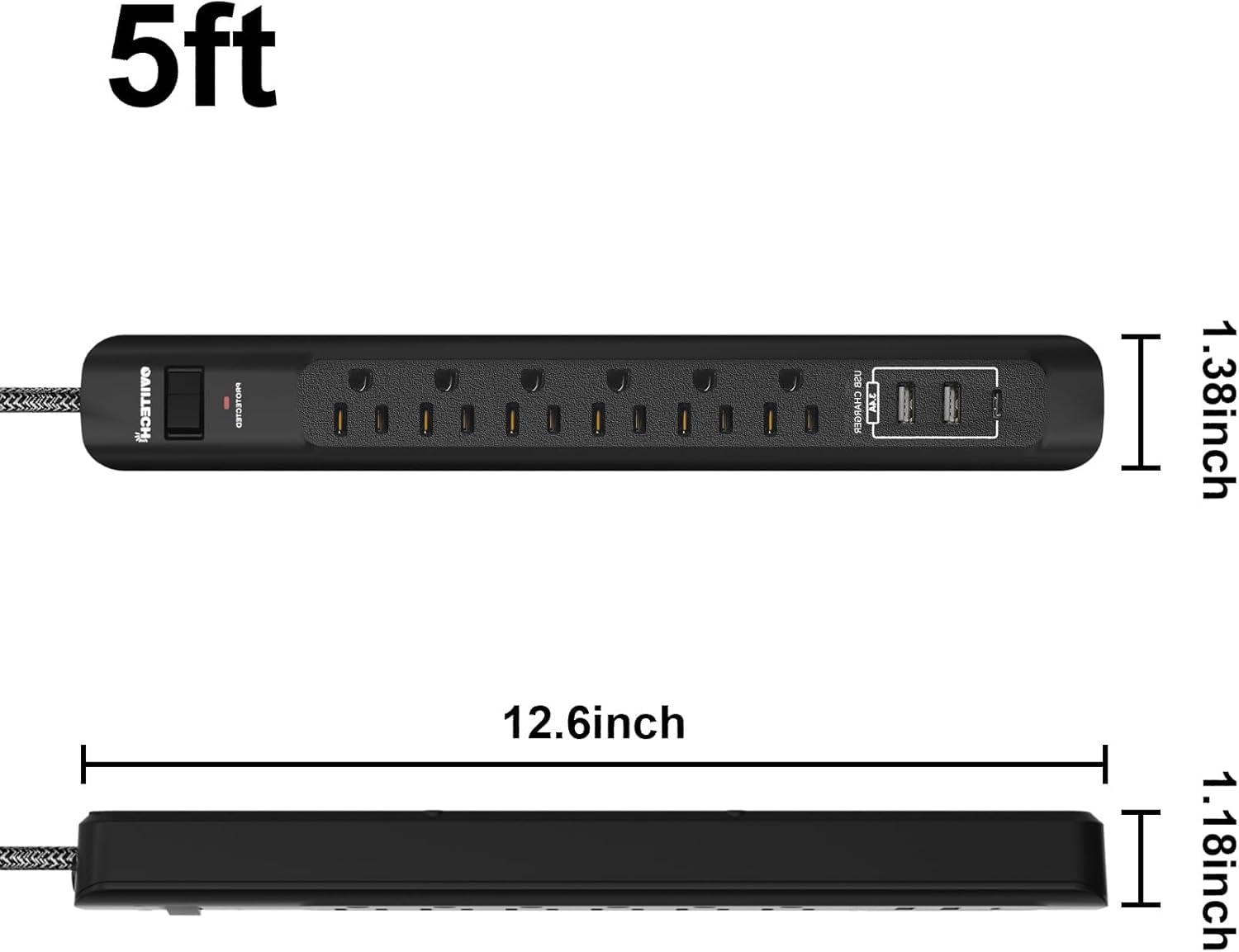 Oviitech - Tira de alimentación con puerto USB, 6 tomas de corriente alterna con 3 puertos USB (2 usb-A, 1 usb-C), cable de extensión de 5 pies para el hogar, oficina, viajes y recámara, color negro