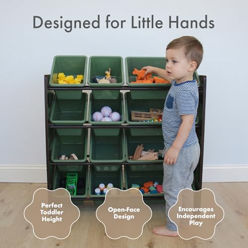 Image of Humble Crew Toy Storage Organizer with 12 Removable Storage Bins for Kids Playroom, 4-Tier Toddler Toy Organization, Army Green Camo