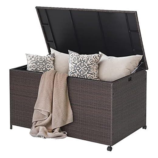 Tangkula 133 Gallon Deck Storage Box, Patio Rattan Storage Container with 2 Universal Wheels, Safety Pneumatic Rod, Zippered Liner, Sturdy Steel Frame, Ideal for Backyard, Poolside