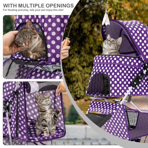 Image of MoNiBloom 3 Wheels Pet Dog Cat Stroller for Small Medium Dogs Cats, Foldable Jogger Stroller w /Storage Basket and Cup Holder, Purple Polka Dots