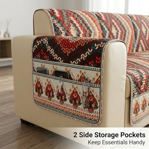 Image of KINGLY Armrest Cover with Pocket | Anti-Slip Sofa Arm Protector | Washable Arm Cover | Multicolor