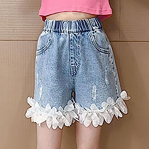 Shorts jeans para meninas pequenas e grandes de cor lisa cintura elástica bainha de renda com bolsos