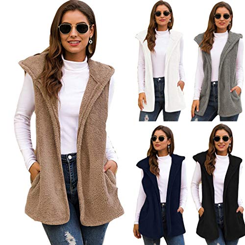 Women Fleece Veat Winter Warm Pocket Hooded Plush Cotton Vest Coat Outwear Khaki