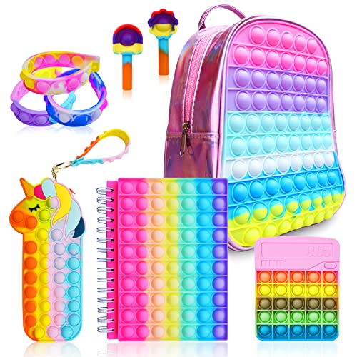 Pop Fidget Backpack for Girls, Pop it Bags&pop it Notebook and Unicorn Pencil Case for Kids' Fidget...