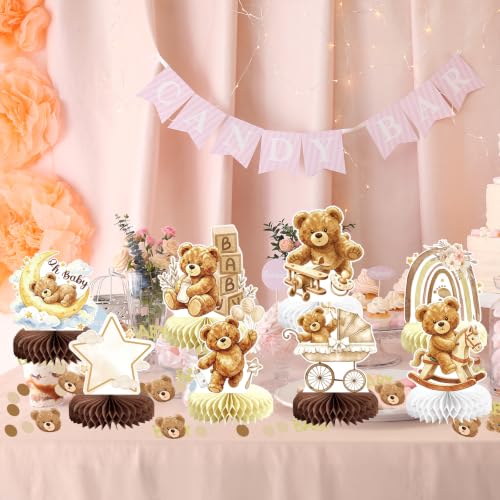 Image of 8Pcs Bear Baby Shower Gender Reveal Decorations Honeycomb Centerpieces, Confetti Baby Shower Table Decorations Birthday Party Table Centerpieces Toppers Party Decor (Brown)