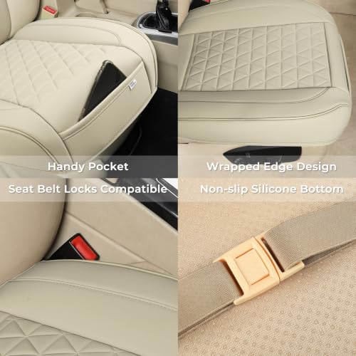 Image of Black Panther Front Car Seat Covers Luxury Faux Leather Bottom Seat Covers, Anti-Slip and Wrap Around The Bottom, Fit 95% of Vehicles - 2 Packs, Stone Beige