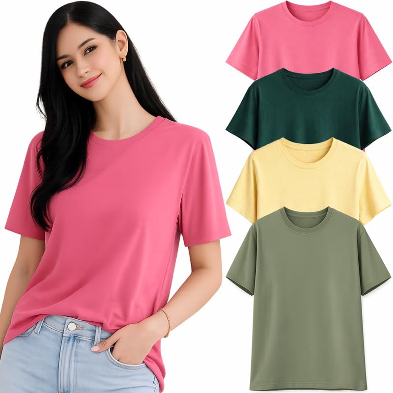 Image of London Hills Tshirt for Woman | T Shirt for Woman Cotton Casual Tops | Tshirts Shirts for Women Round Neck Short Sleeve | Women Tees Everyday Wear Basic T Shirts for Womans (Pack of 4)