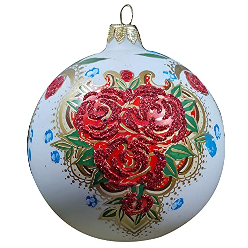 Silverado Christmas Ornament made of glass, 10 cm ball, white with folk flowers motive, Multicolour