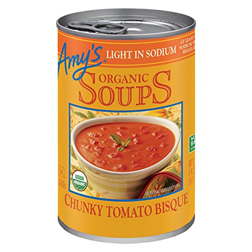Amy’s Soup, Chunky Tomato Bisque, Light in Sodium, Gluten Free, Made With Organic Tomatoes and Cream, Canned Soup, 14.5 Oz