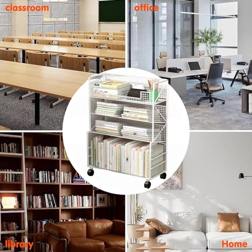 Image of 4 Tier Metal Rolling Utility Cart - Heavy Duty Bookshelf for Office, Dorm, Classroom, Library & Living Room - Versatile Corner Display & Magazine Rack