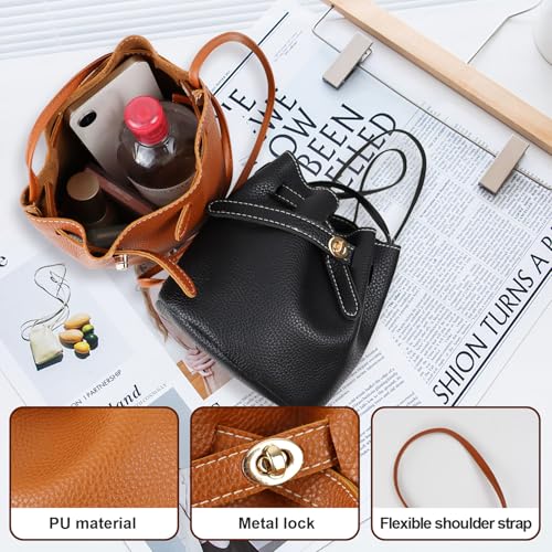 Image of Ladies Bucket Bags,Small Bucket Purses Leather Crossbody Purse Adjustable Shoulder Strap Shrinking Bucket Bag