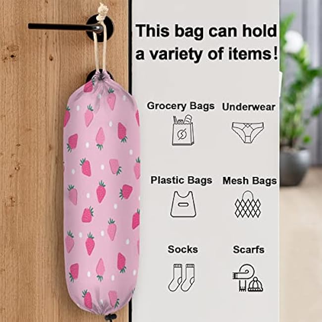 Strawberry Pink Patterns Plastic Bag Holder Cute Wall Mount Plastic Bag Organizer Reusable Large Grocery Bag Storage Dispenser for Home Kitchen Travelling 22x9