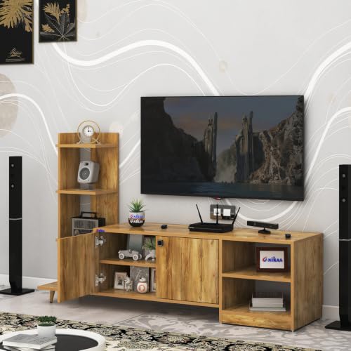 Image of Anikaa Moracca Engineered Wood Floor Standing Modern TV Unit with Side Shelves and 2-Door Cabinet & Open Storage Box Up to 43 inch Entertainment Units | For Living Room-Giantwood Finish | DIY-Installation