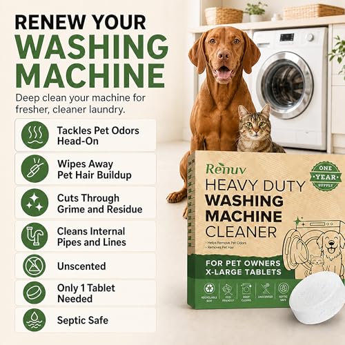 Image of Renuv Heavy Duty Washing Machine Cleaner For Pet Owners, 12 XL Tablets | For Dog & Cat Hair, Removes Stink, Odor, Residue, Grime, Front Load or Top Load Washer, HE and Septic Safe, 1 Year Supply