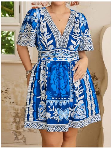 Image of Floerns Women's Plus Size Printed V Neck Short Sleeve Ruffle Hem Summer Short Dresses