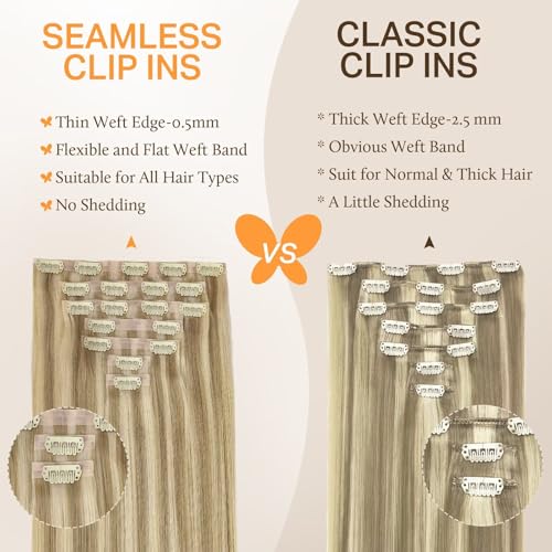 Image of DOORES Human Hair Clip in Extensions, Light Blonde Highlighted Golden Blonde 22 Inch 110g 7pcs, Seamless Clip in Hair Extensions Real Human Hair Remy Straight Skin Weft Invisi Edge Hair Extensions
