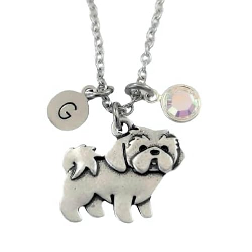 Personalized Shih Tzu Necklace with Optional Initial and Birthstone - Lhasa Apso Dog Memorial Gift