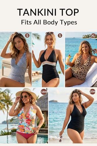 Image of Yonique Women's Halter Tankini Top V Neck Swim Top Tummy Control Bathing Suit