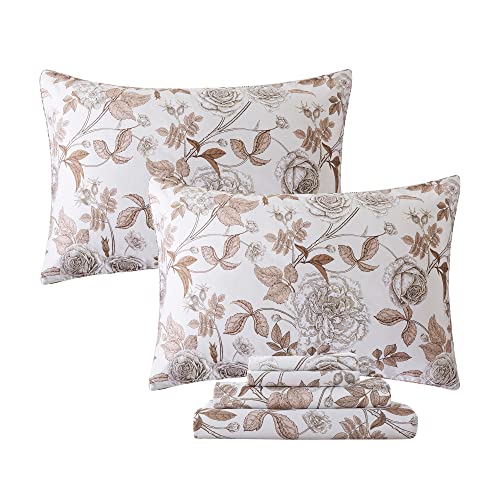 FADFAY Juego de sábanas Queen Vintage blanco y marrón floral elegante juego de sábanas de peonía, ropa de cama de campo 100% algodón egipcio de 800 hilos con bolsillo profundo, 4 piezas, tamaño Queen Cover