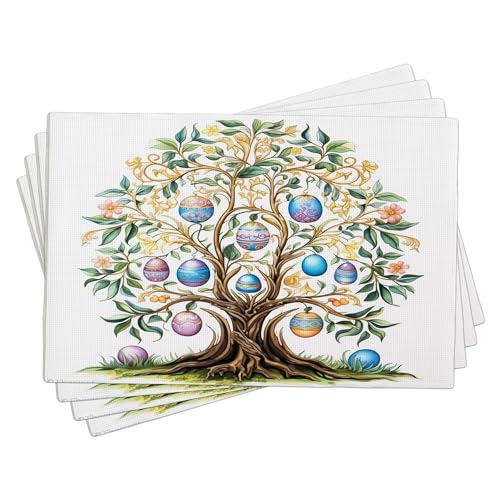 Set di 4 tovagliette rettangolari pasquali, fiori, erba, albero, uovo, pianta, vintage, arte estetica, bella verde e bianco, in lino, antimacchia, lavabile, impermeabile, per feste e ristoranti, 30,5