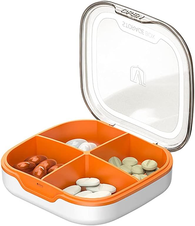 Pill Case Compartment Portable Pill Organizer Divided Vitamin Box Medicine Holder for Daily and Travel Use-4 Compartments-White Orange