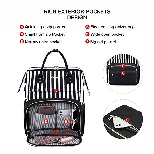 Laptop-Backpack-Women-Teacher-Backpack-Nurse-Bags-156-Inch-Womens-Work-Backpack-Purse-Waterproof-Anti-theft-Travel-Back-Pack-with-USB-Charging-Port-Black-Thick-Stripe