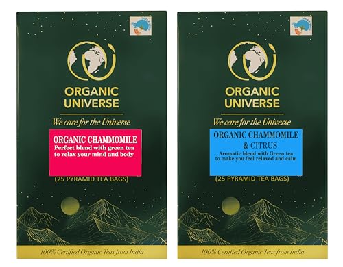 Image of ORGANIC UNIVERSE Chamomile Tea and Chamomile Citrus Tea Whole Leaf Tea Combo | Pack of 2, 50 Pyramid Tea Bags | Aromatic Flavours | 100% Organic Ingredients