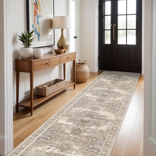 RUUGME Washable 3X14 Runner Rugs - Large Boho Rugs for Living Room Stain Resistant Carpet Vintage Tribal Rugs for Bedroom Kitchen Bathroom Non Slip Backing Home Decor Floor Decoration Mat 3X14 Beige