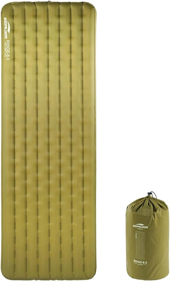 Soomloom Camping Air Sleeping Pad Ridge 8.0 R-Value 8 Insulation Extreme Cold Weather Pump Bag Compact Lightweight Portable Hiking Disaster Preparedness Earthquakes Outdoor Inflatable Pad